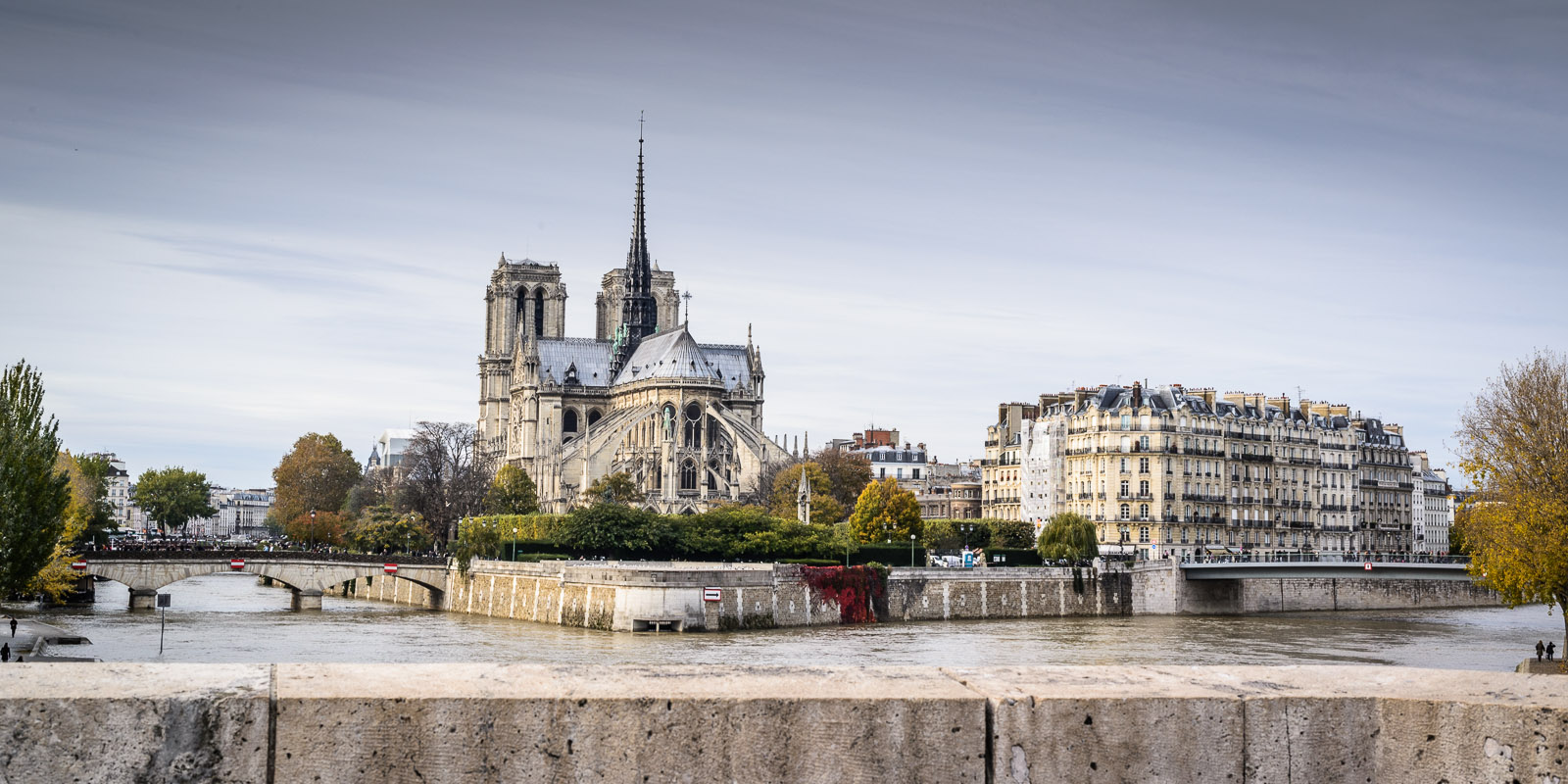 Panorama de la Basilique Notre -Dame de Paris sous un angle où on ne voit pas les centaines de touristes qui la fréquentaient!  